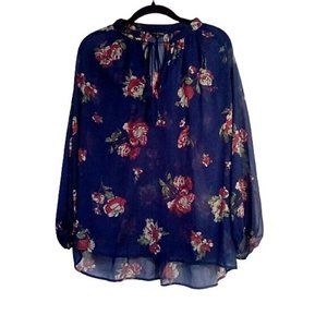 Lucky Brand Top Size L Navy Blue Semi Sheer Red Gray Floral Keyhole Tassel Neck